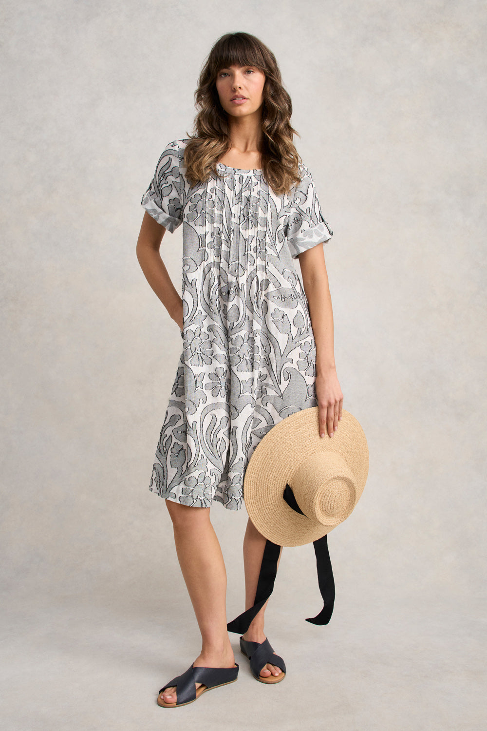 Cotton Pleat Front Dress - Paisley Jacquard - Image 3