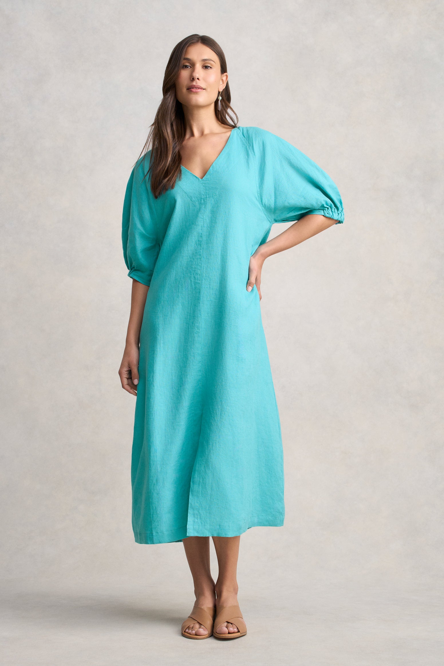 Raglan Sleeve Linen Dress - Aqua Blue - Image 3