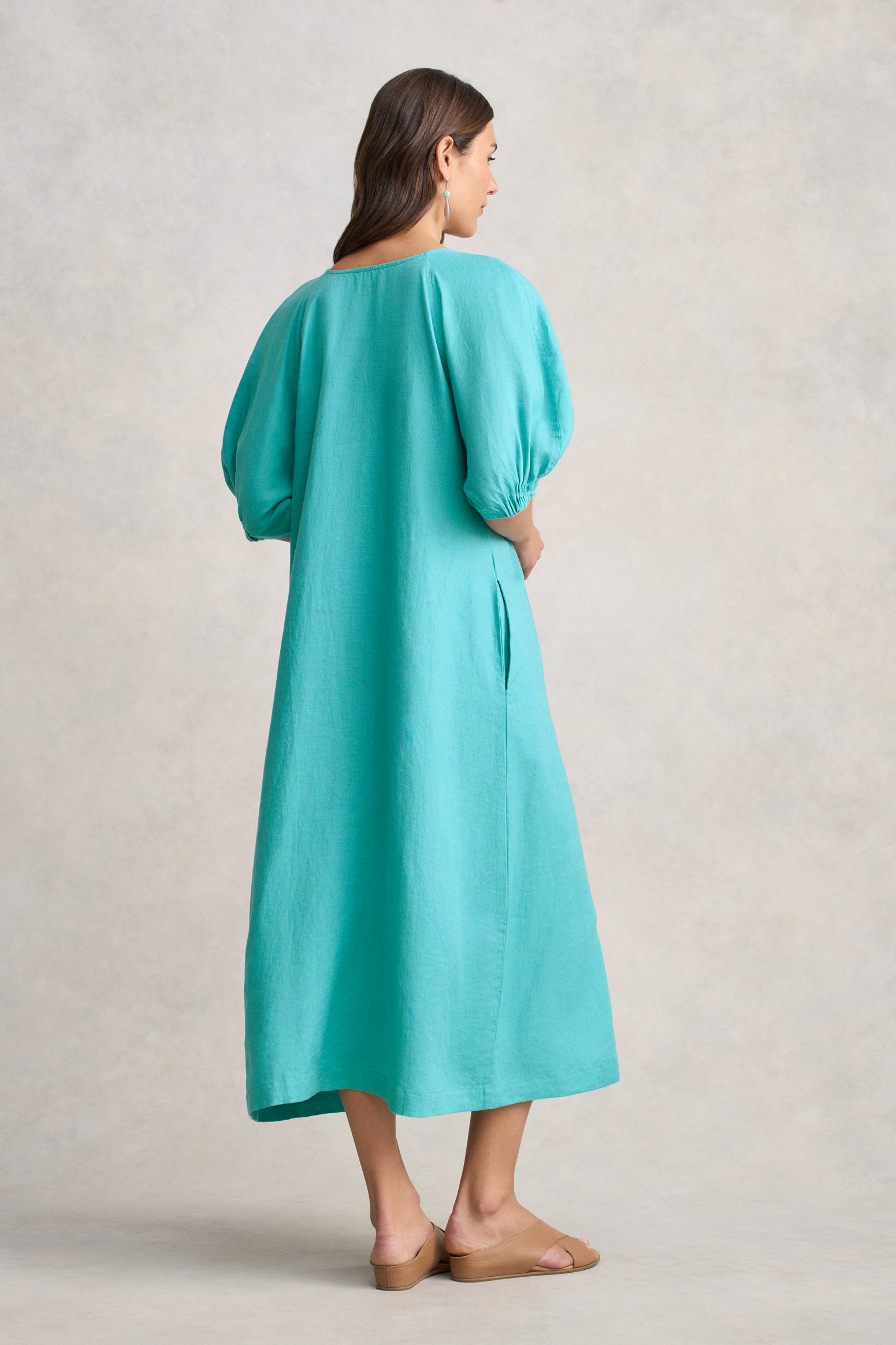 Raglan Sleeve Linen Dress - Aqua Blue - Image 6