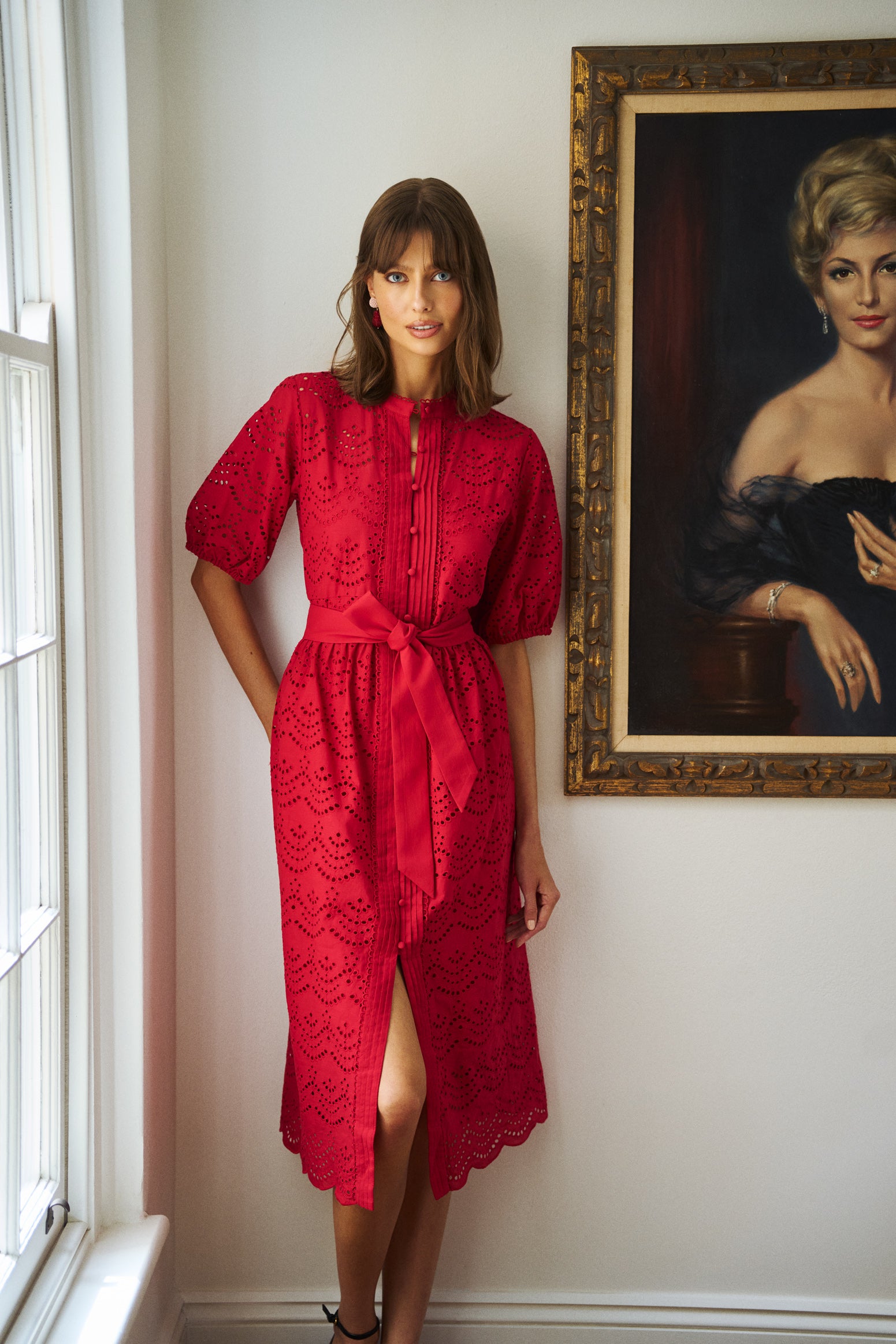 Cotton Broderie Dress - Brick Red - Image 2