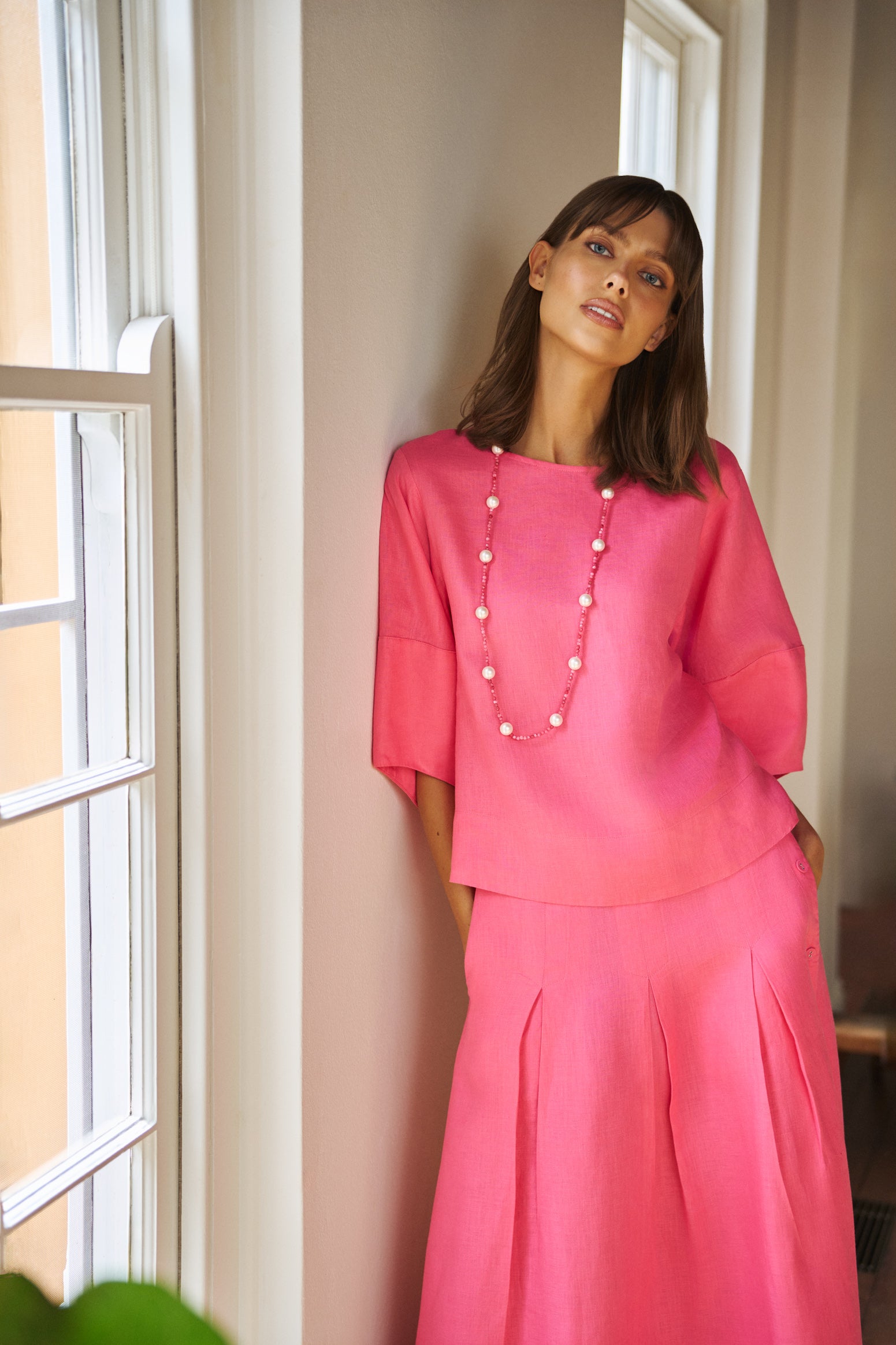 Button Detail Linen Skirt - Sunset Pink - Image 2
