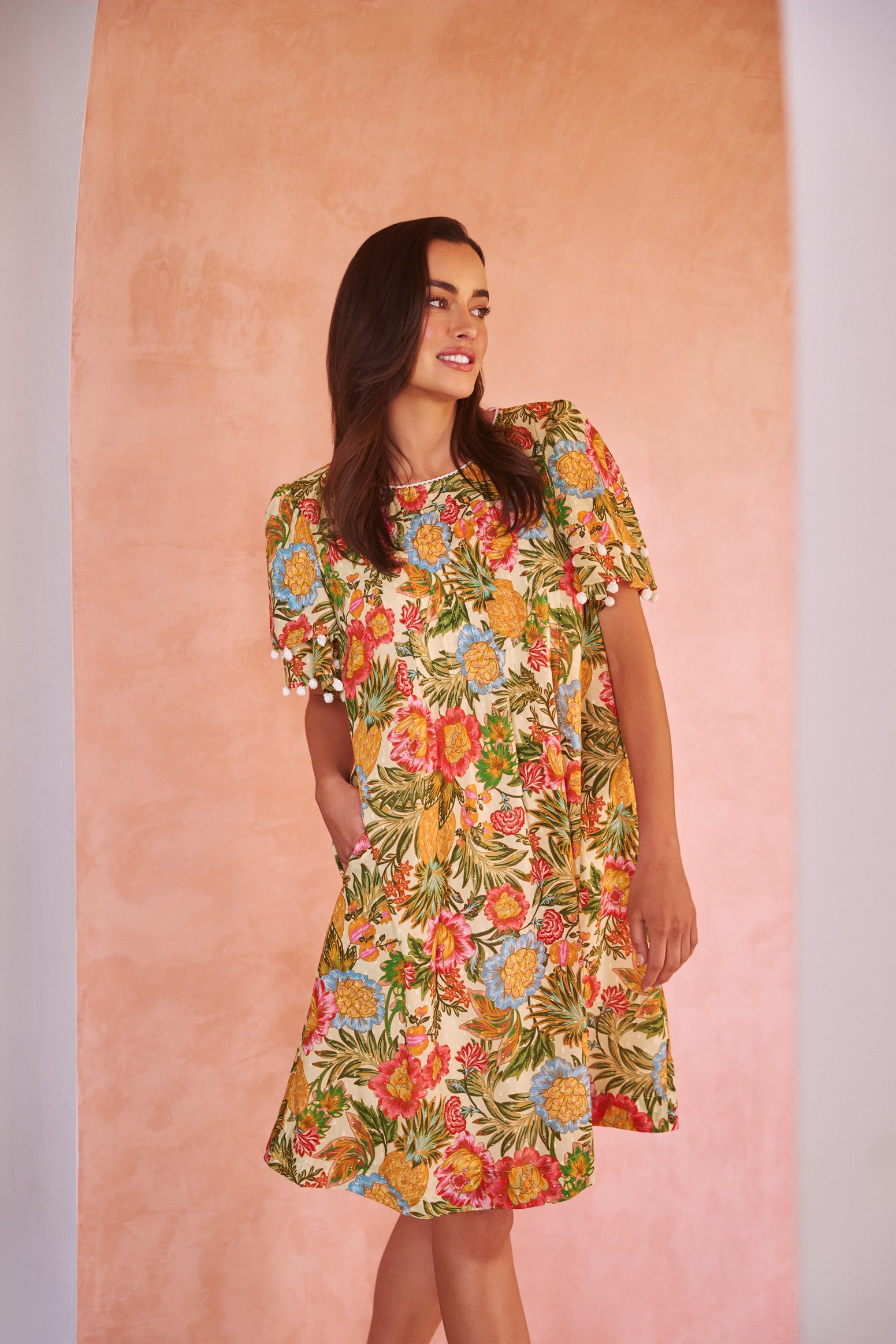 Clipped Cotton Dress - Tropical Print - Image 2