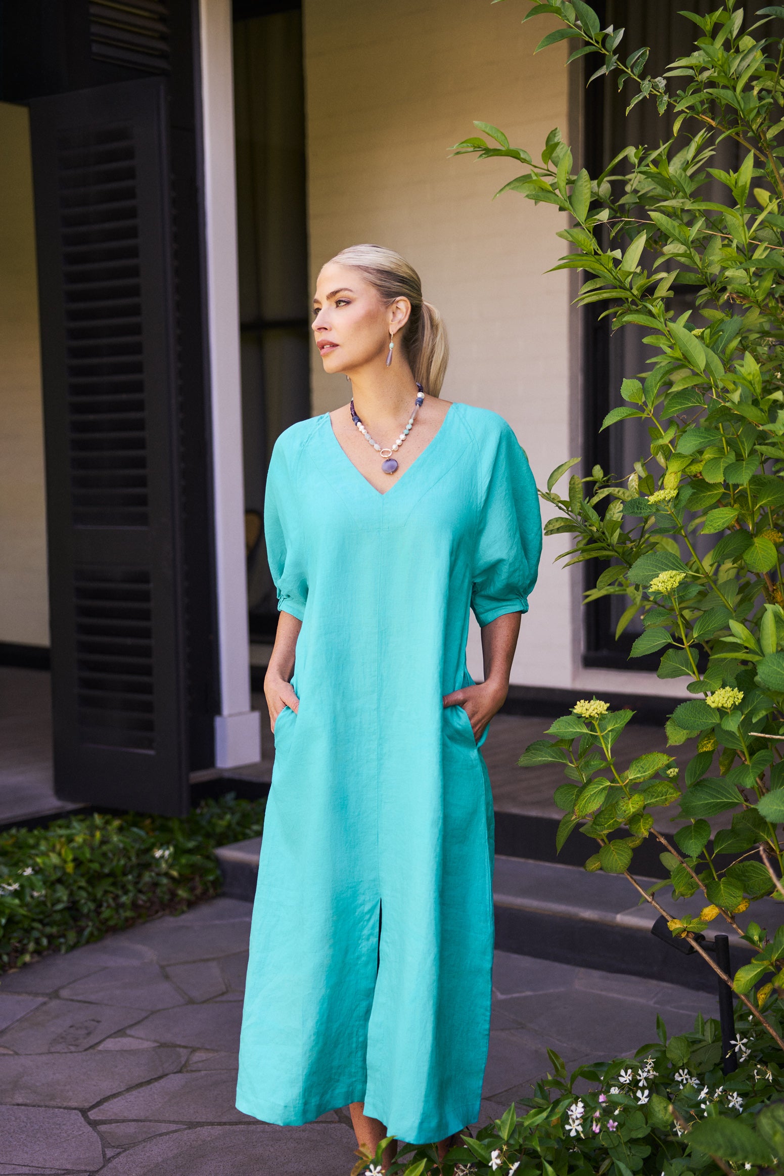 Raglan Sleeve Linen Dress - Aqua Blue - Image 2