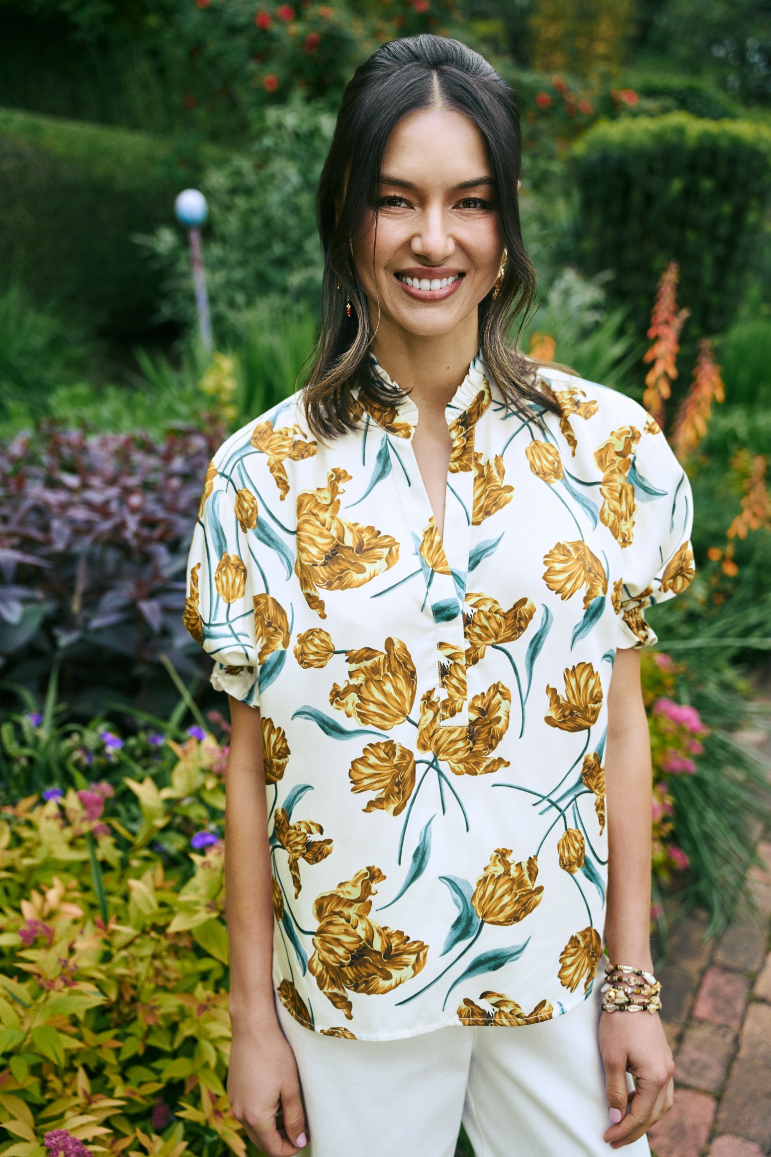 Puff Sleeve Printed Blouse - Floating Stem Print - Image 2