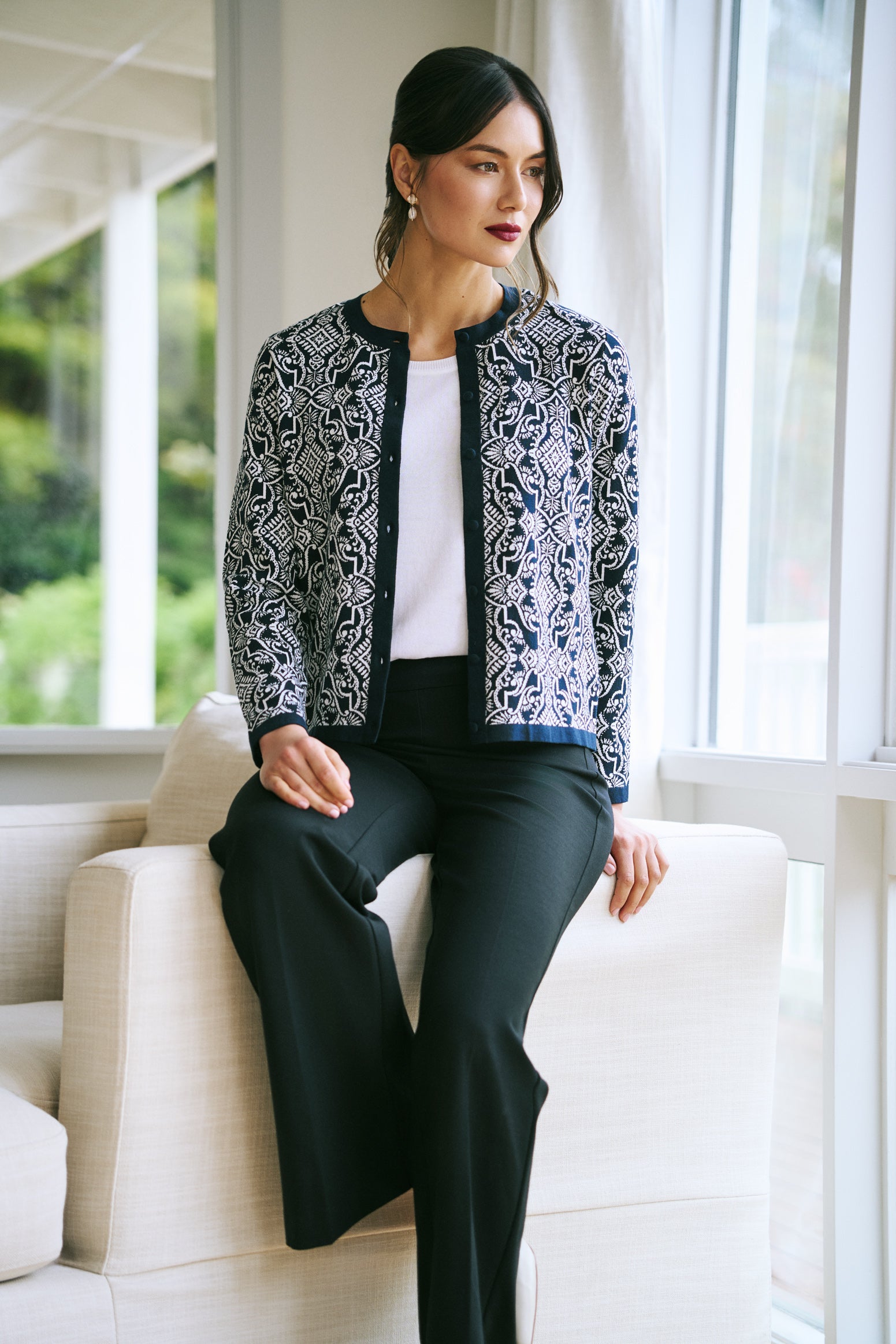 Cotton Jacquard Cardigan - Two Tone Print - Image 2