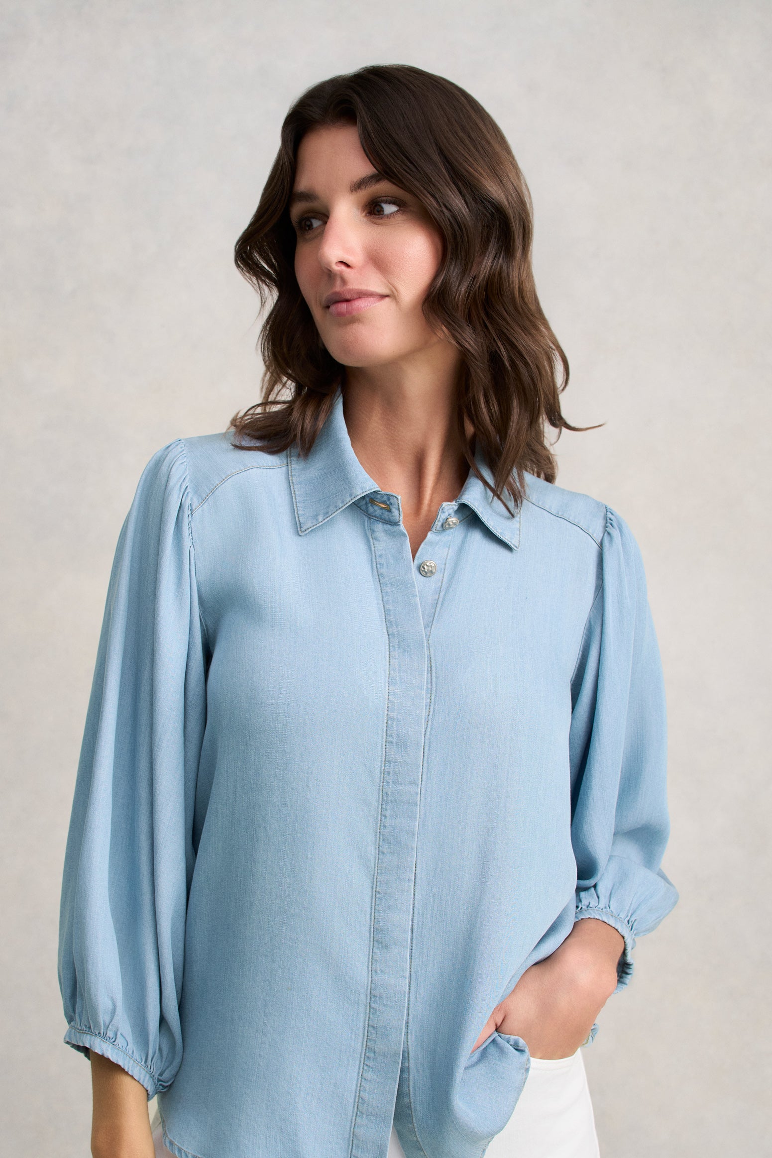 Chambray Puff Sleeve Shirt - Light Chambray - Image 4