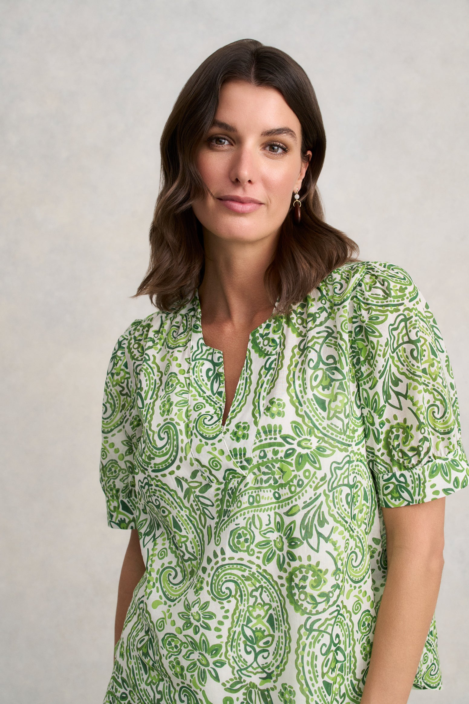 Ramie Cotton Blouse - Green Paisley Print - Image 3
