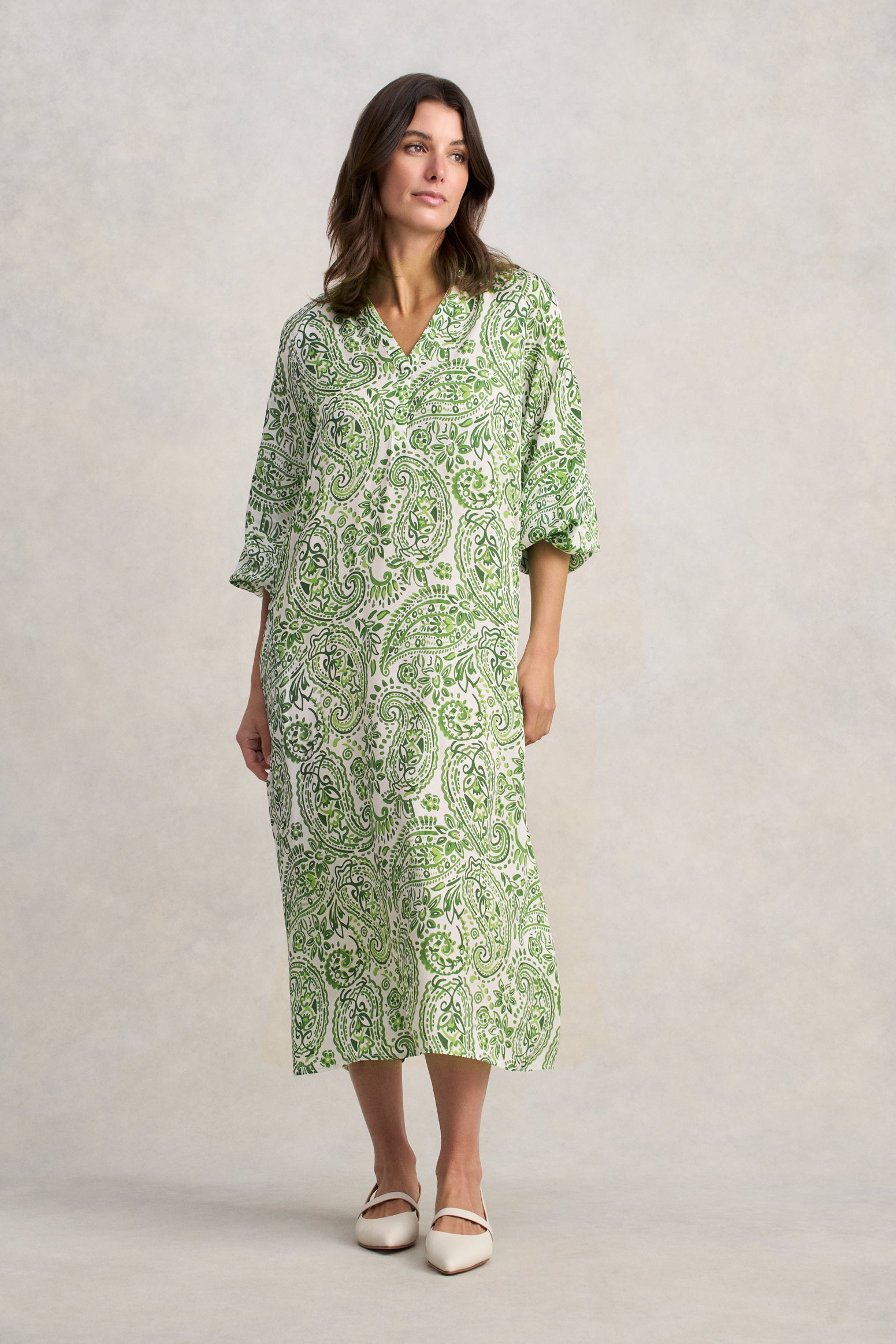Blouson Sleeve Shift Dress - Green Paisley Print - Image 3