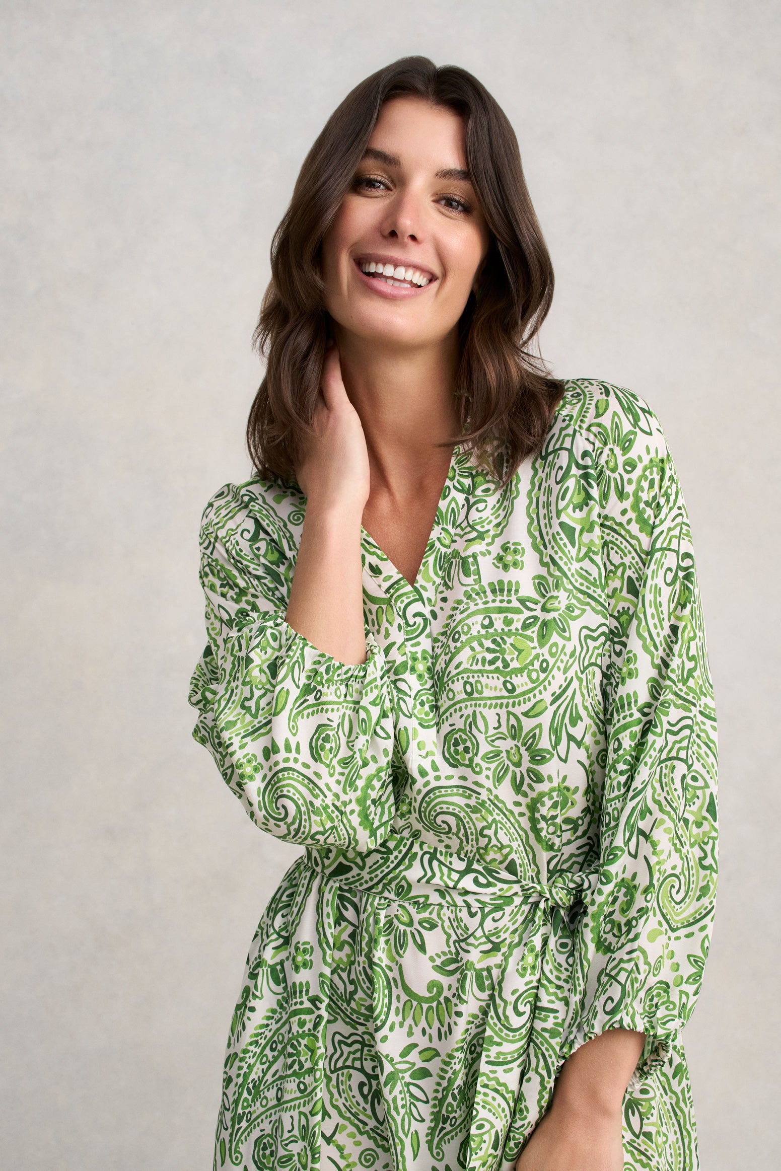 Blouson Sleeve Shift Dress - Green Paisley Print - Image 5