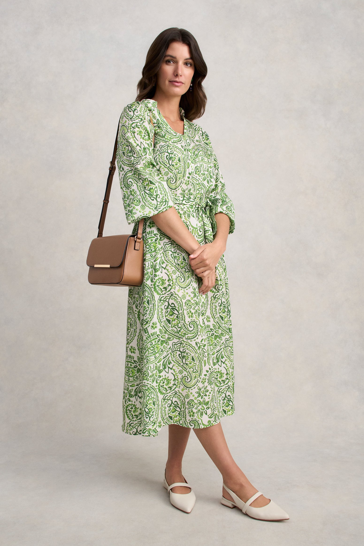 Blouson Sleeve Shift Dress - Green Paisley Print - Image 4
