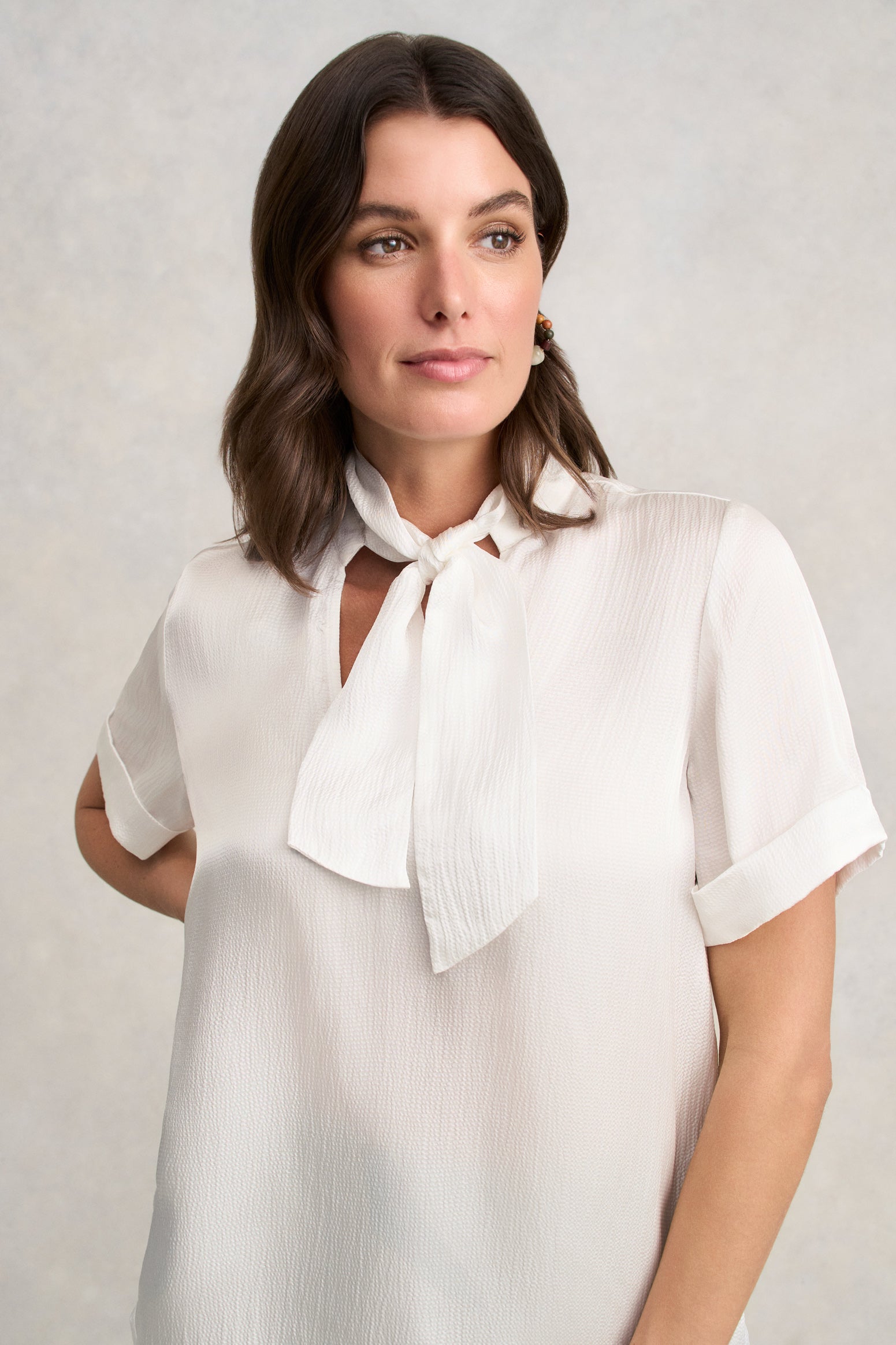 Textured Neck Tie Blouse - White - Image 3